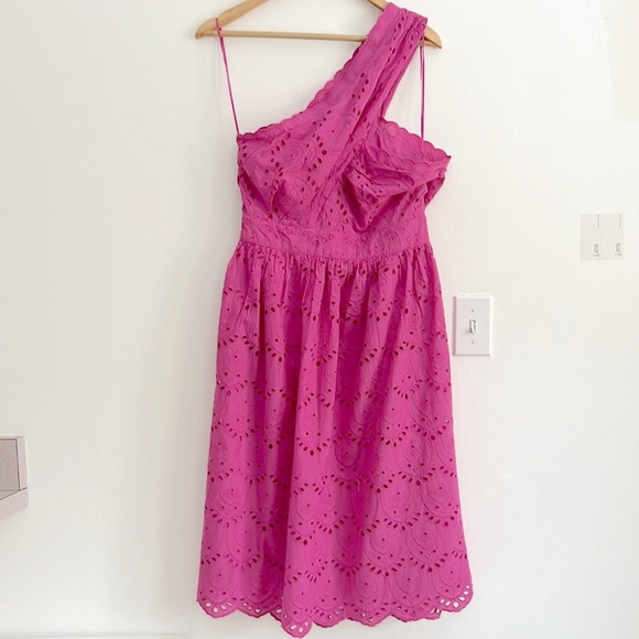 French Connection Appelona One Shoulder Cut-Out Midi Dress Pink Eyelet NWOT - Picture 9 of 16